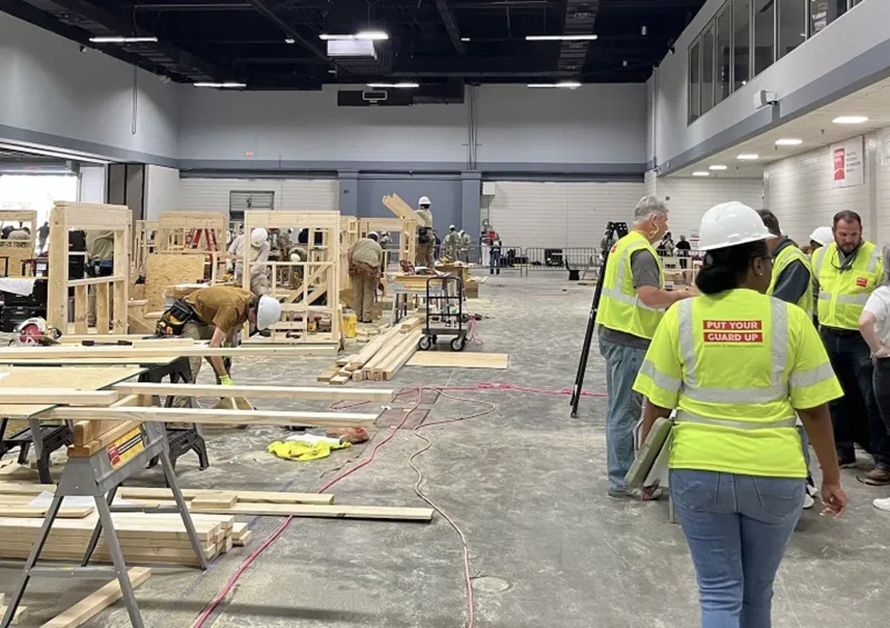 Students learning construction skills